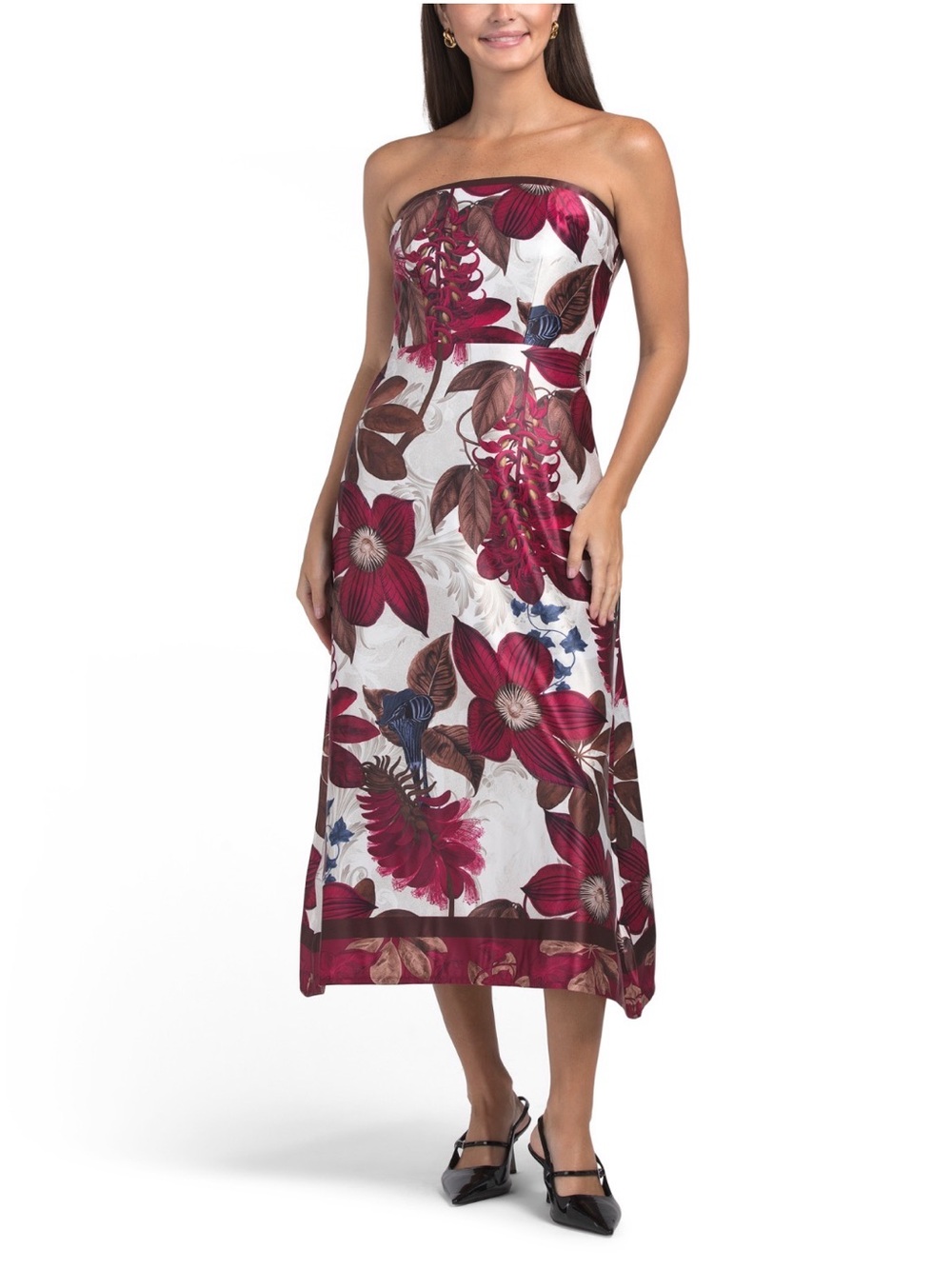 Strapless Satin Floral Print Midi Dress